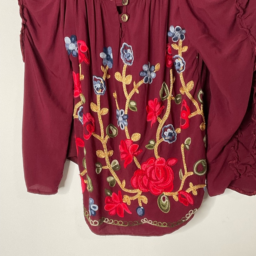 Clarita Floral Embroidered Burgundy Square Neck Gathered Long Sleeve Top No Size - Picture 5 of 14